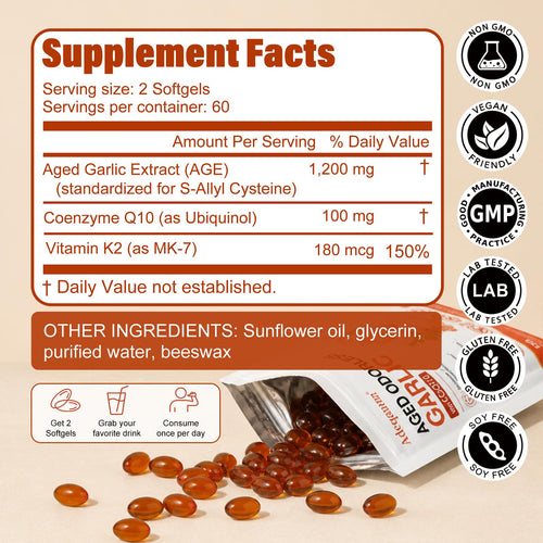 1200 mg Odorless Aged Garlic Extract Softgels with CoQ10 Ubiquinol & Vitamin K2, 120 Softgels R99446