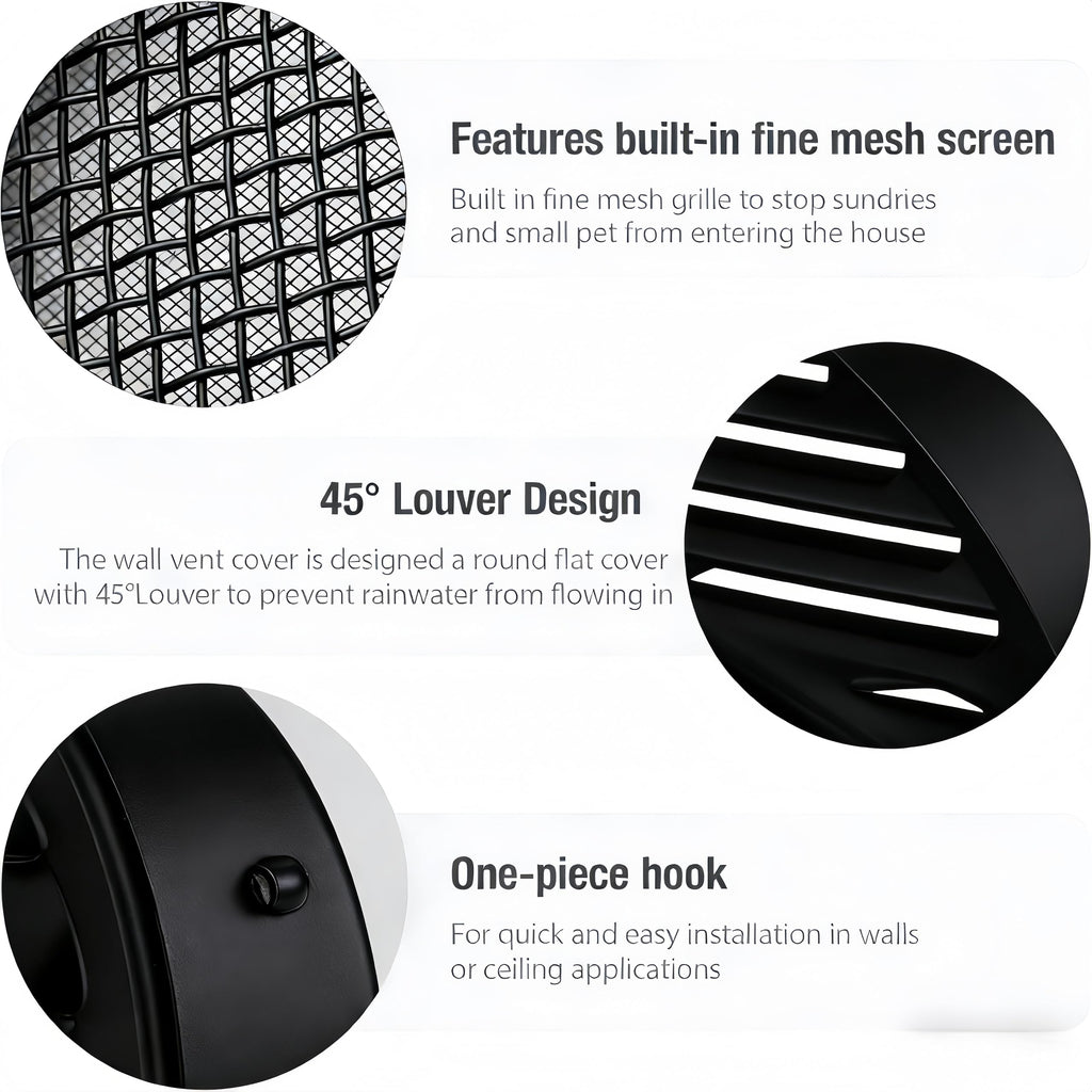 Black 2 Inches Round Aluminum Louver with Insect Screen U18088