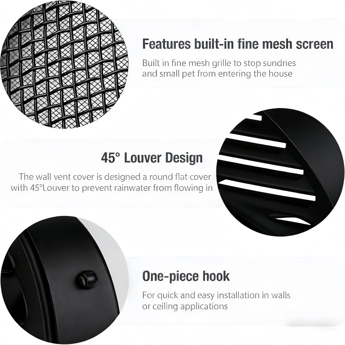 Black 2 Inches Round Aluminum Louver with Insect Screen U18088