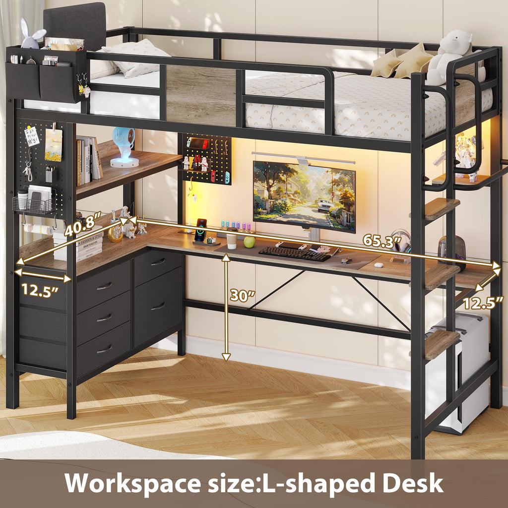 Twin Loft Bed with Desk and 5 Storage Drawers R916889