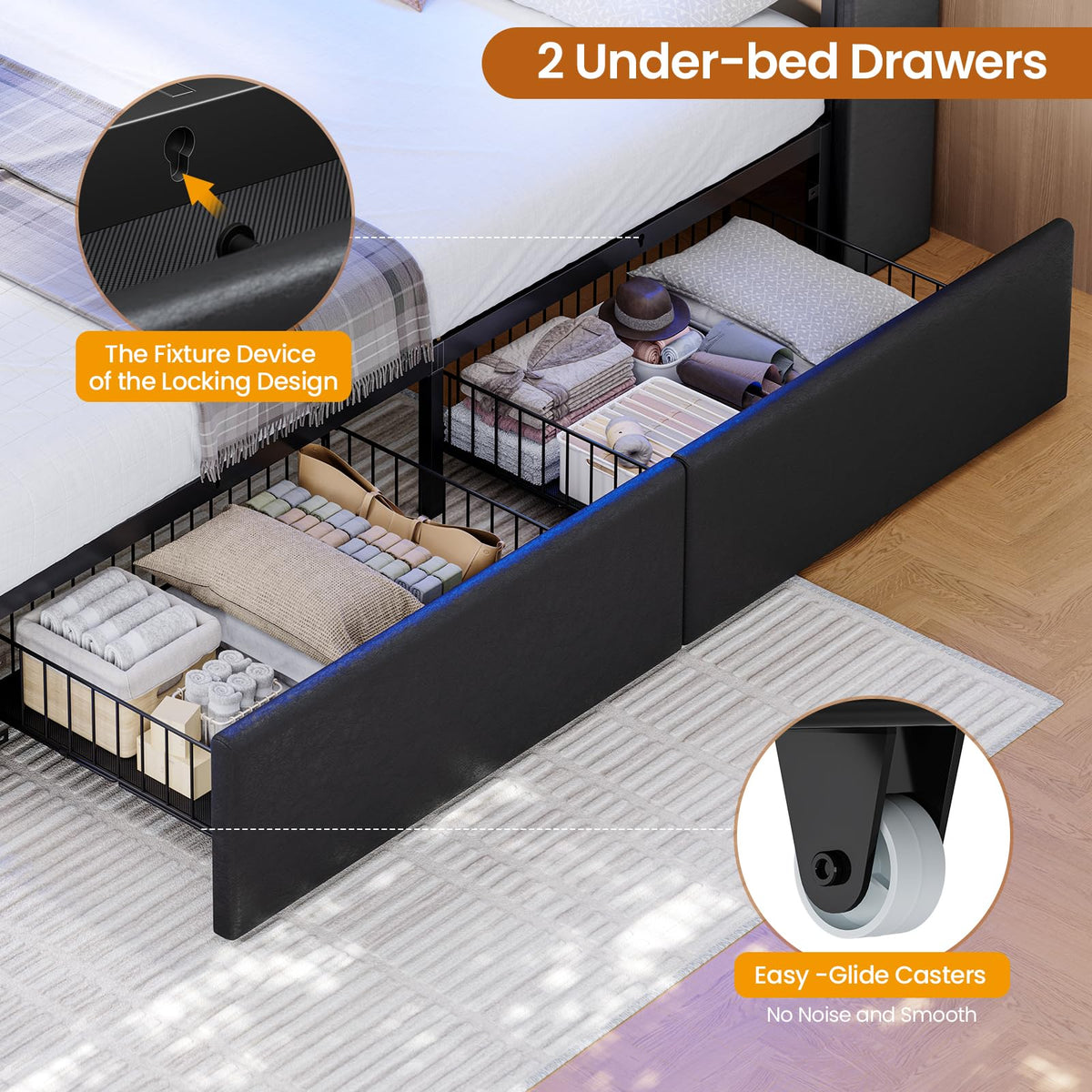 Full Bed Frame with Storage Headboard and 2 Drawers, RGB Lights, Black O9498