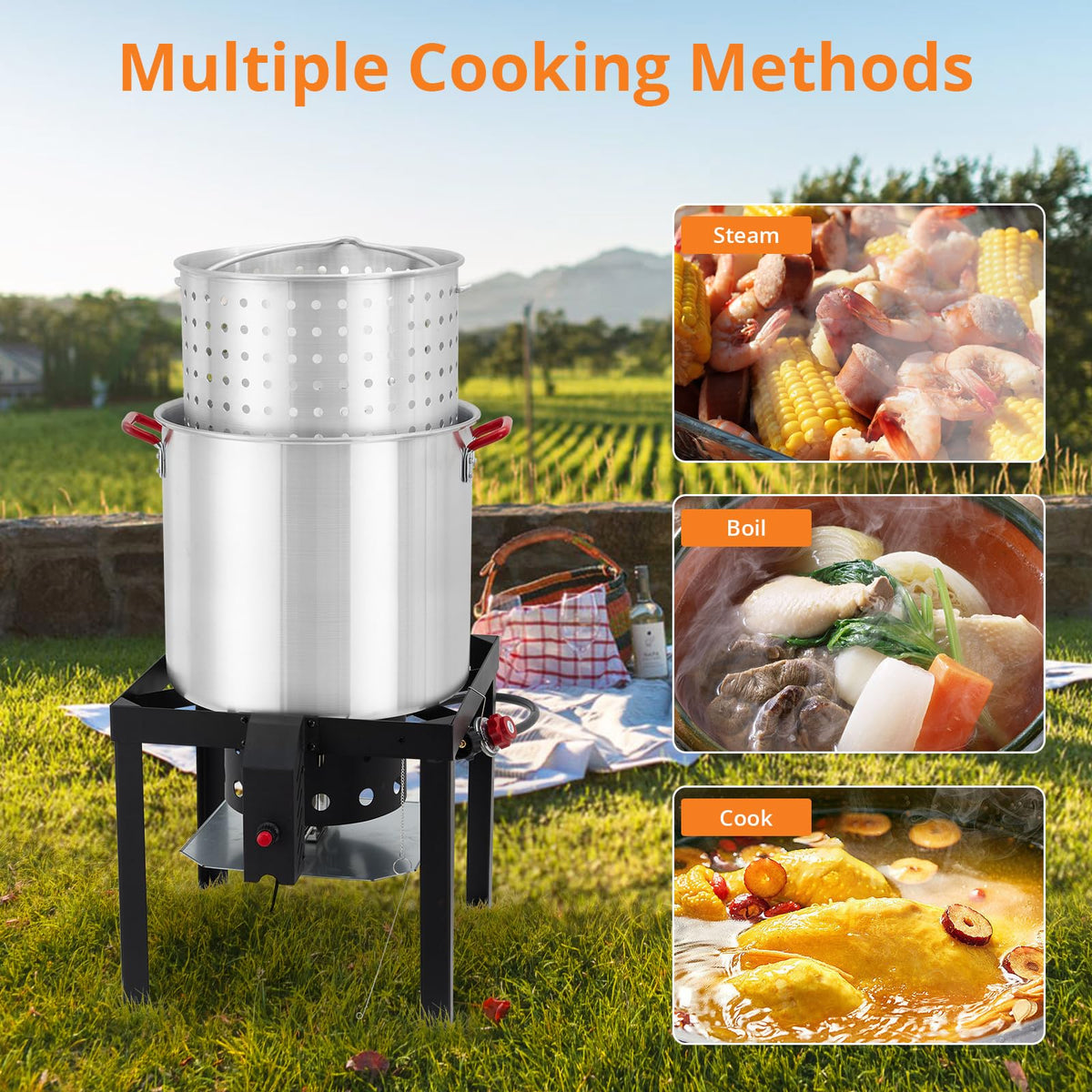 60QT Aluminum Seafood Boil Pot with Strainer Basket and Propane Burner G89153