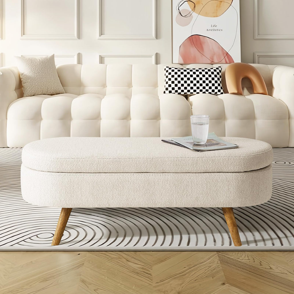 Beige Linen Upholstered Storage Ottoman Bench N258