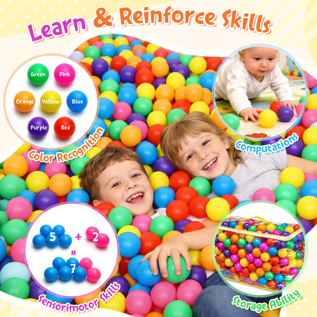 Crush Proof Plastic Ball Pit Balls with Storage Bag N175395