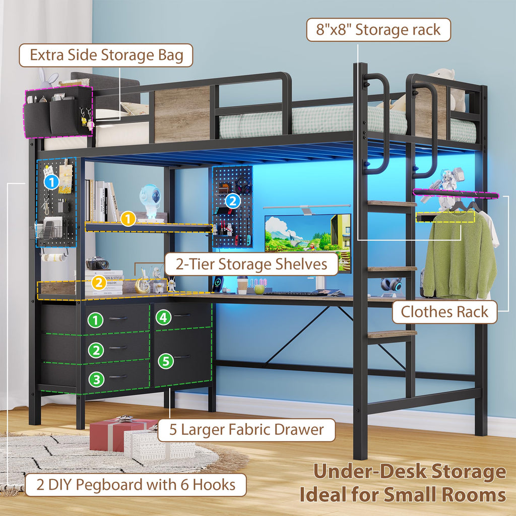 Twin Loft Bed with Desk and 5 Storage Drawers R916889