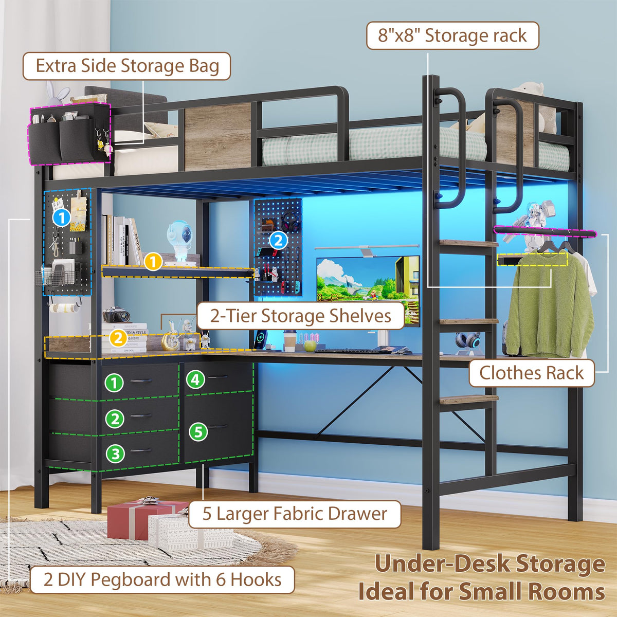 Twin Loft Bed with Desk and 5 Storage Drawers R916889