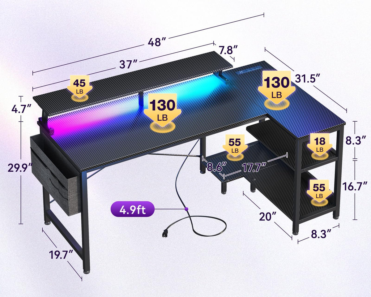 48 Inch L Shaped Gaming Desk with LED Lights and Power Outlets X97823