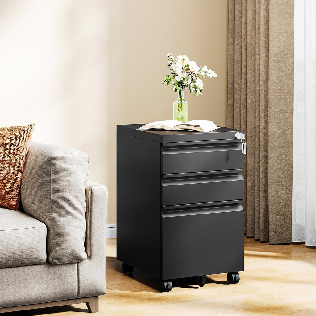 Black 3 Drawer Metal File Cabinet with Lock F70966