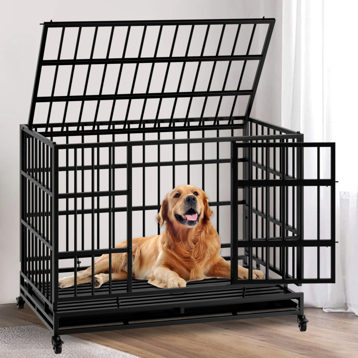 48 Inch Heavy Duty Collapsible Metal Dog Crate with Wheels Z27558
