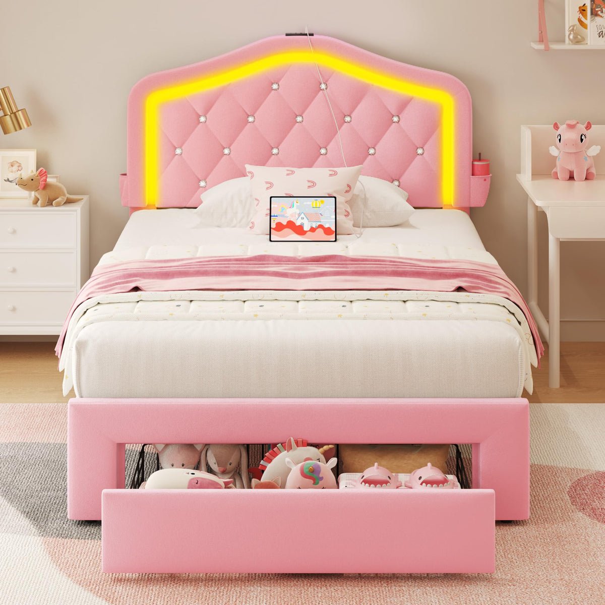 Twin Bed Frame with Adjustable Velvet Upholstered Headboard and Storage Drawers X51187