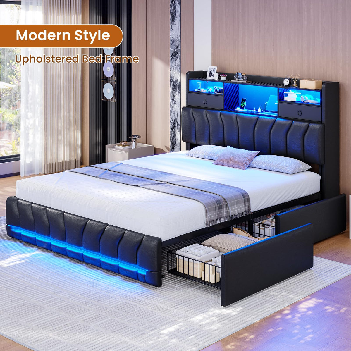 Full Bed Frame with Storage Headboard and 2 Drawers, RGB Lights, Black O9498
