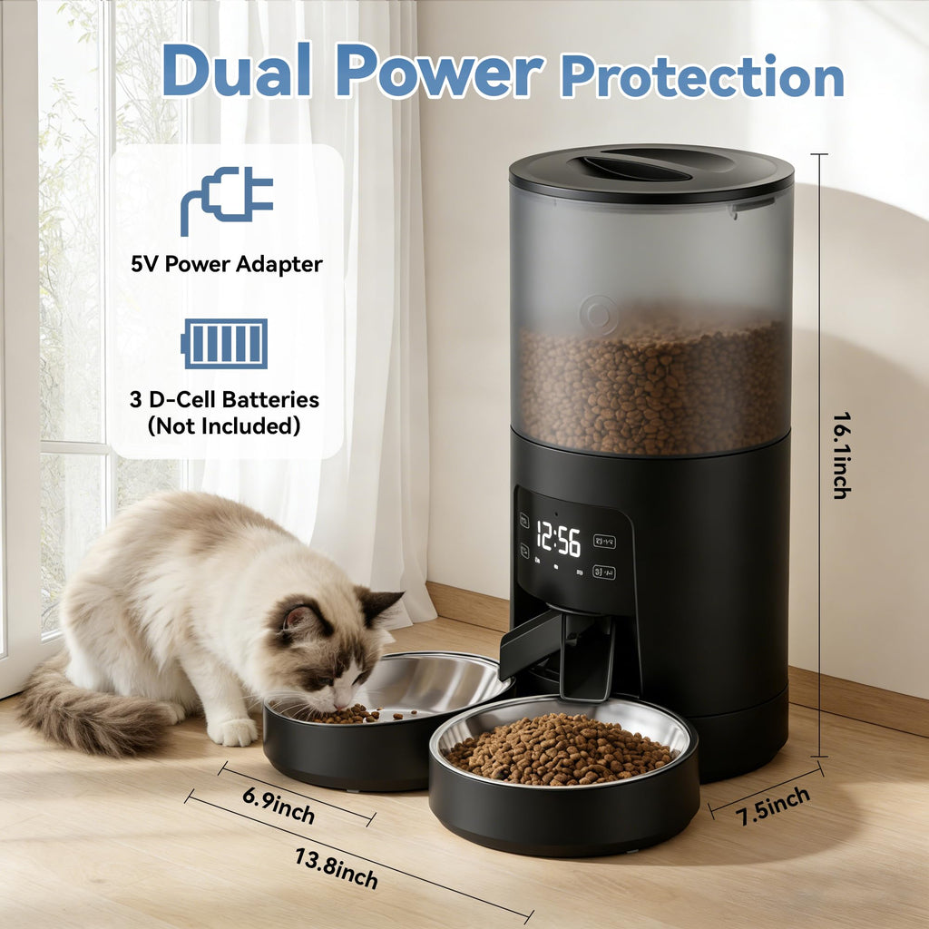 6L Automatic Cat Feeder with 2 Stainless Bowls Black E752