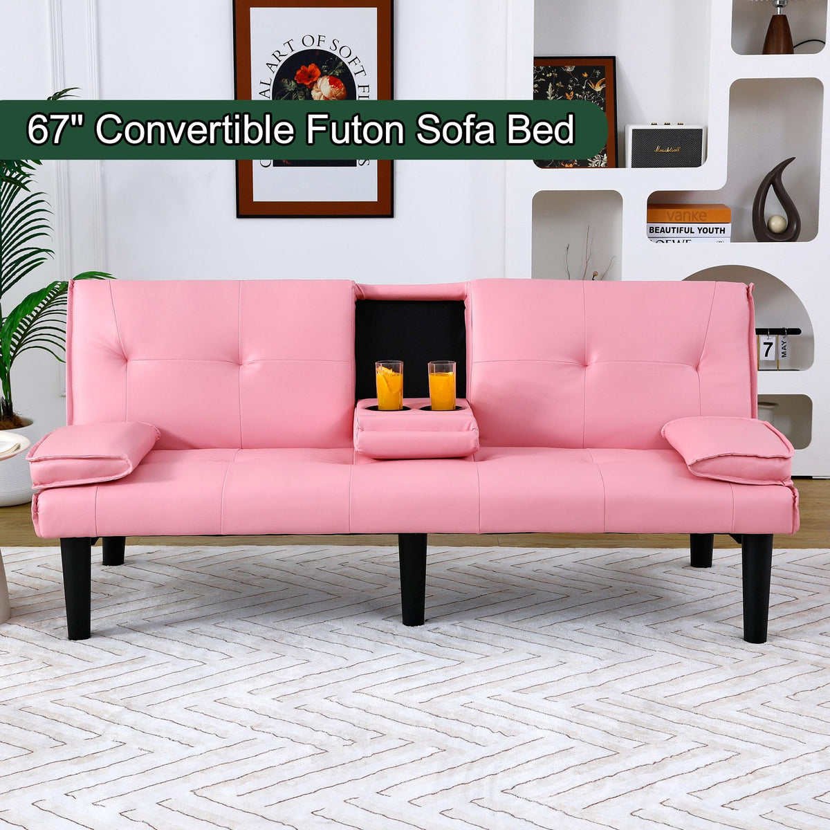67" Convertible Sofa Bed with Cup Holders, Pink H218512