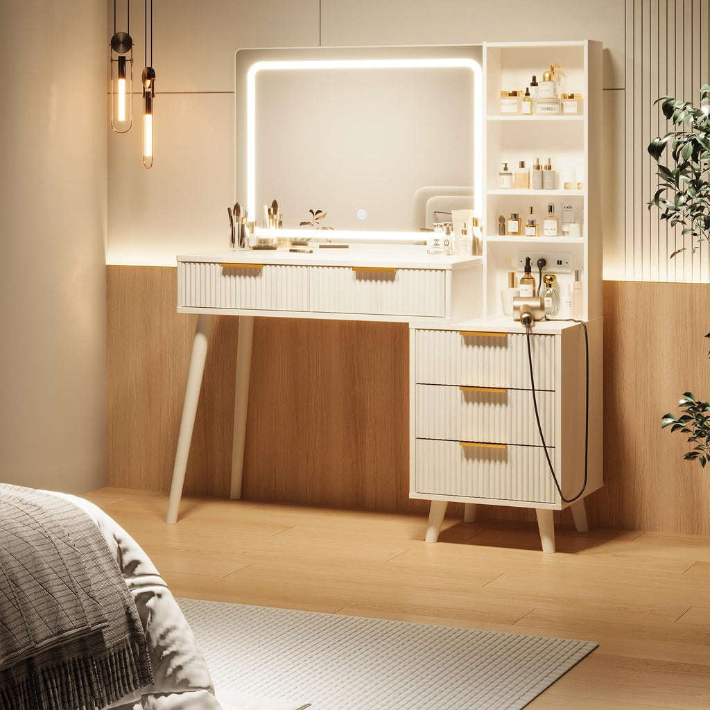 Vanity Desk with Mirror and Lights, 5 Drawers Storage Shelves, 3 Color Modes M1079