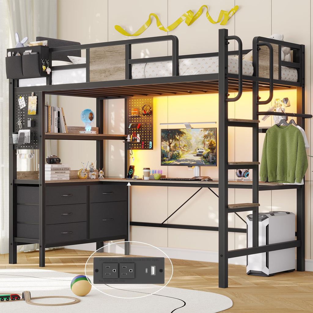 Twin Loft Bed with Desk and 5 Storage Drawers R916889