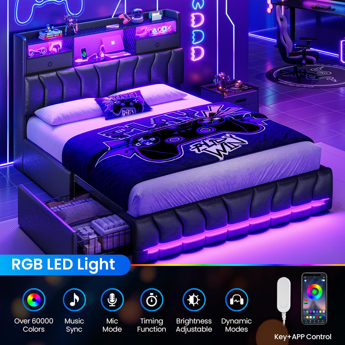 Full Bed Frame with Storage Headboard and 2 Drawers, RGB Lights, Black O9498