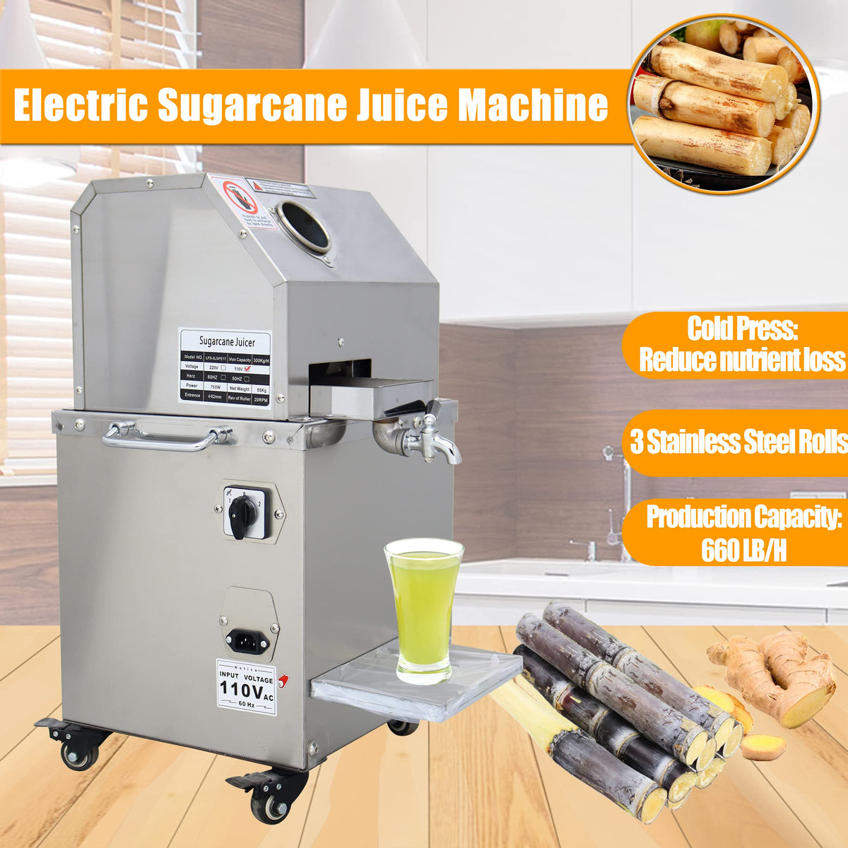 110V 750W Electric Sugar Cane Juicer with 3 Stainless Steel Rollers Y5957
