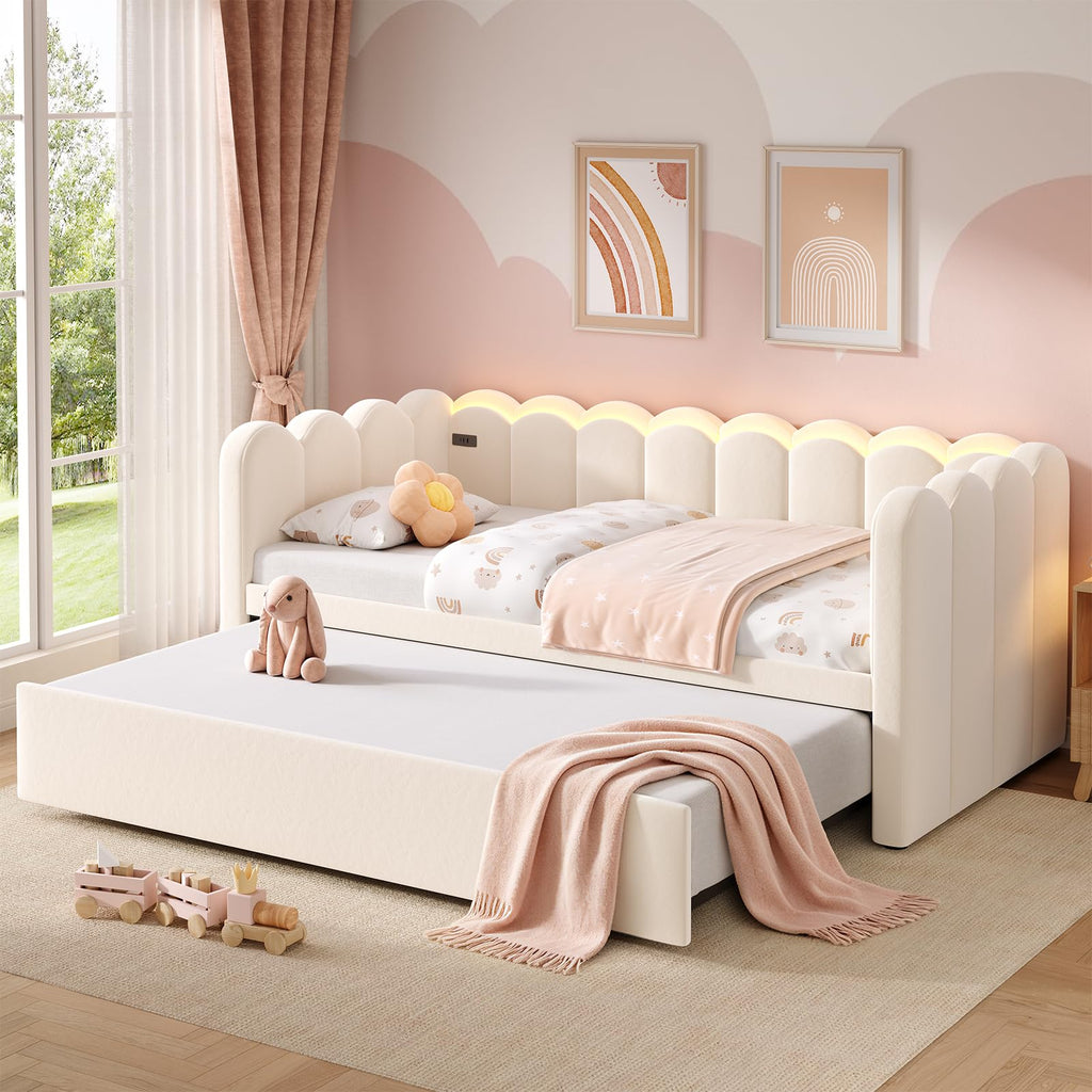 Beige Twin Velvet Upholstered Daybed with Pop Up Trundle B892043