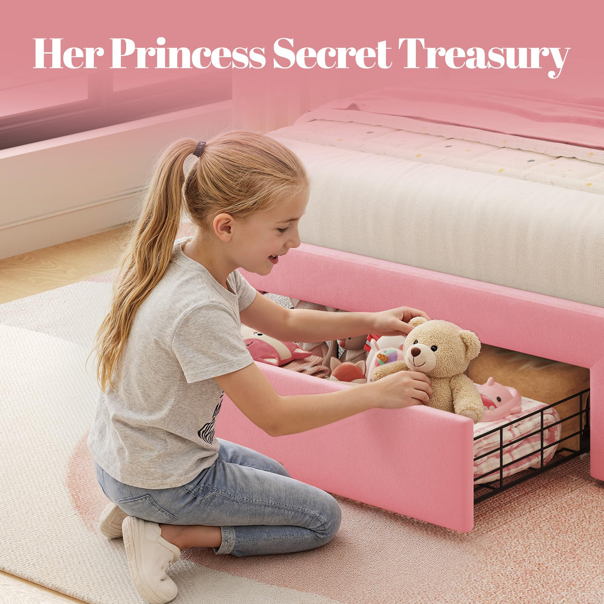 Twin Bed Frame with Adjustable Velvet Upholstered Headboard and Storage Drawers X51187