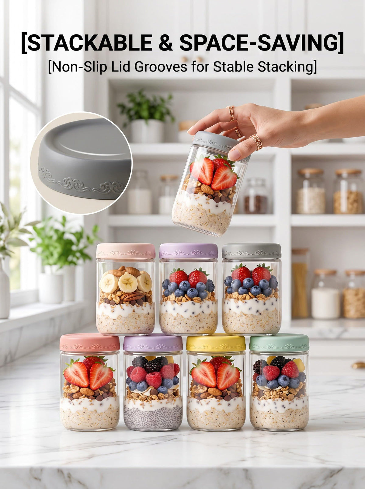 16oz 12-Pack Glass Overnight Oats Jars with Airtight Lids Q556929