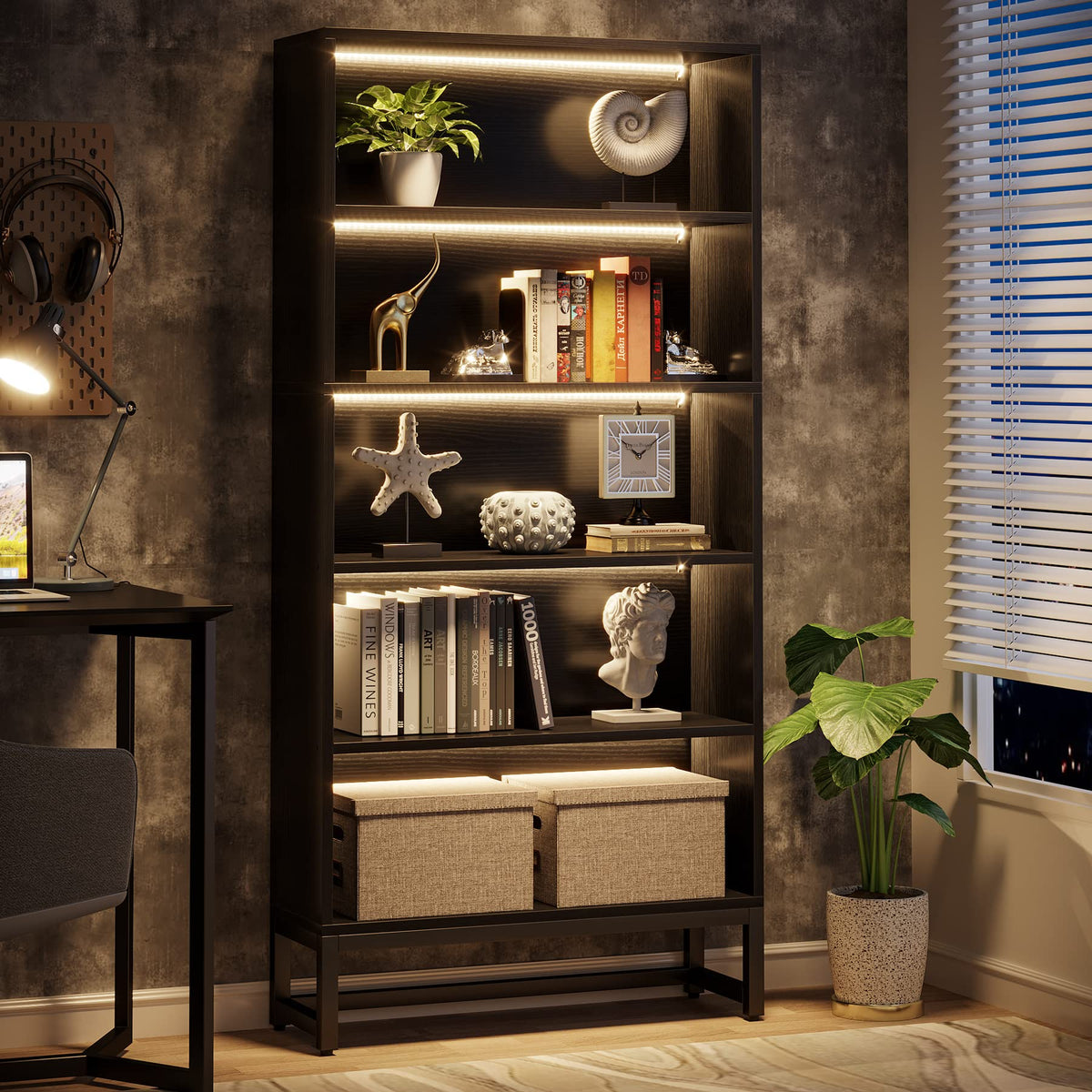 Black 70.8” 5-Tier Bookcase with LED Lights X3368