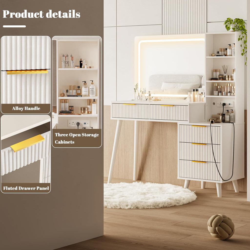 Vanity Desk with Mirror and Lights, 5 Drawers Storage Shelves, 3 Color Modes M1079