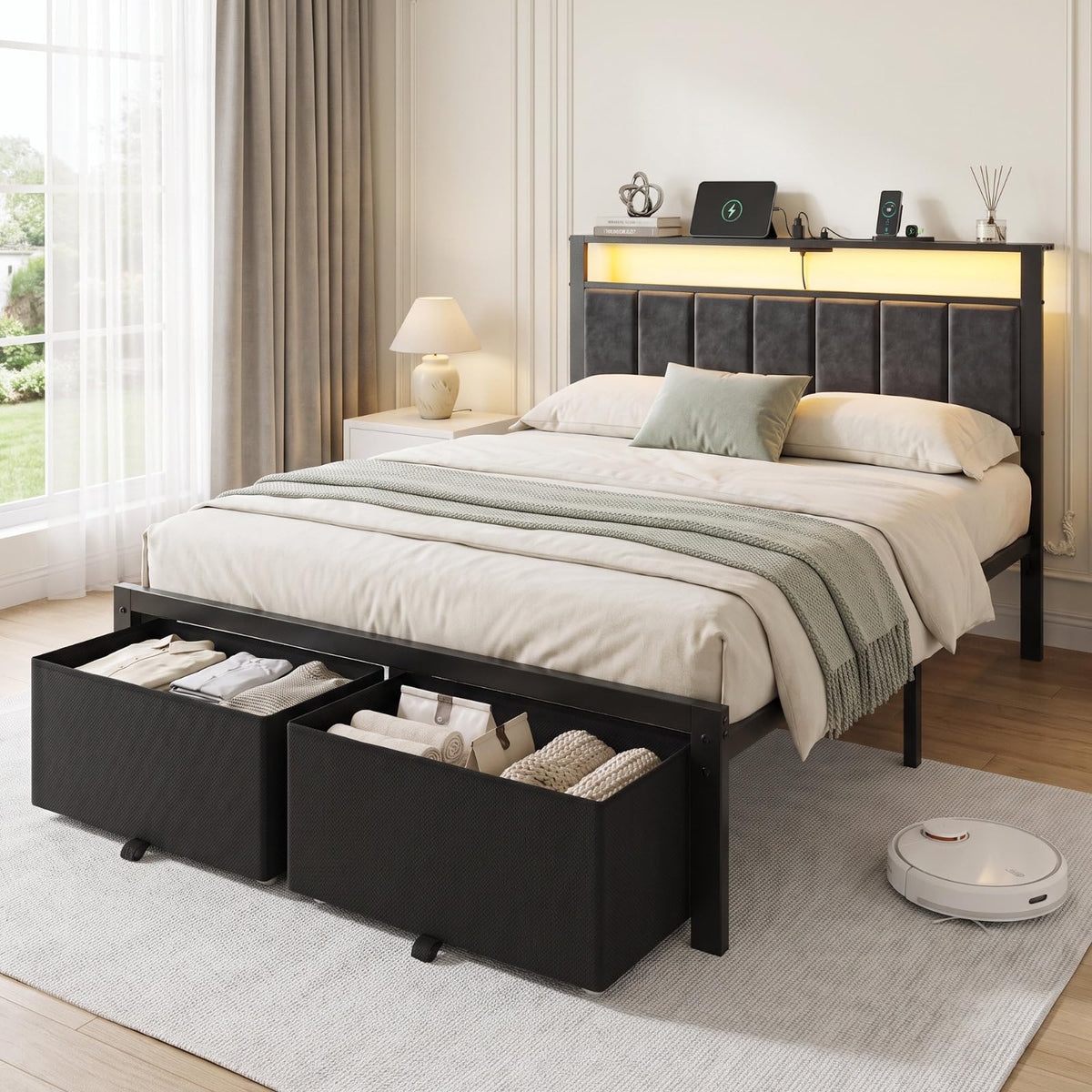 Full Size Bed Frame with Upholstered Headboard and 2 Storage Drawers H196065