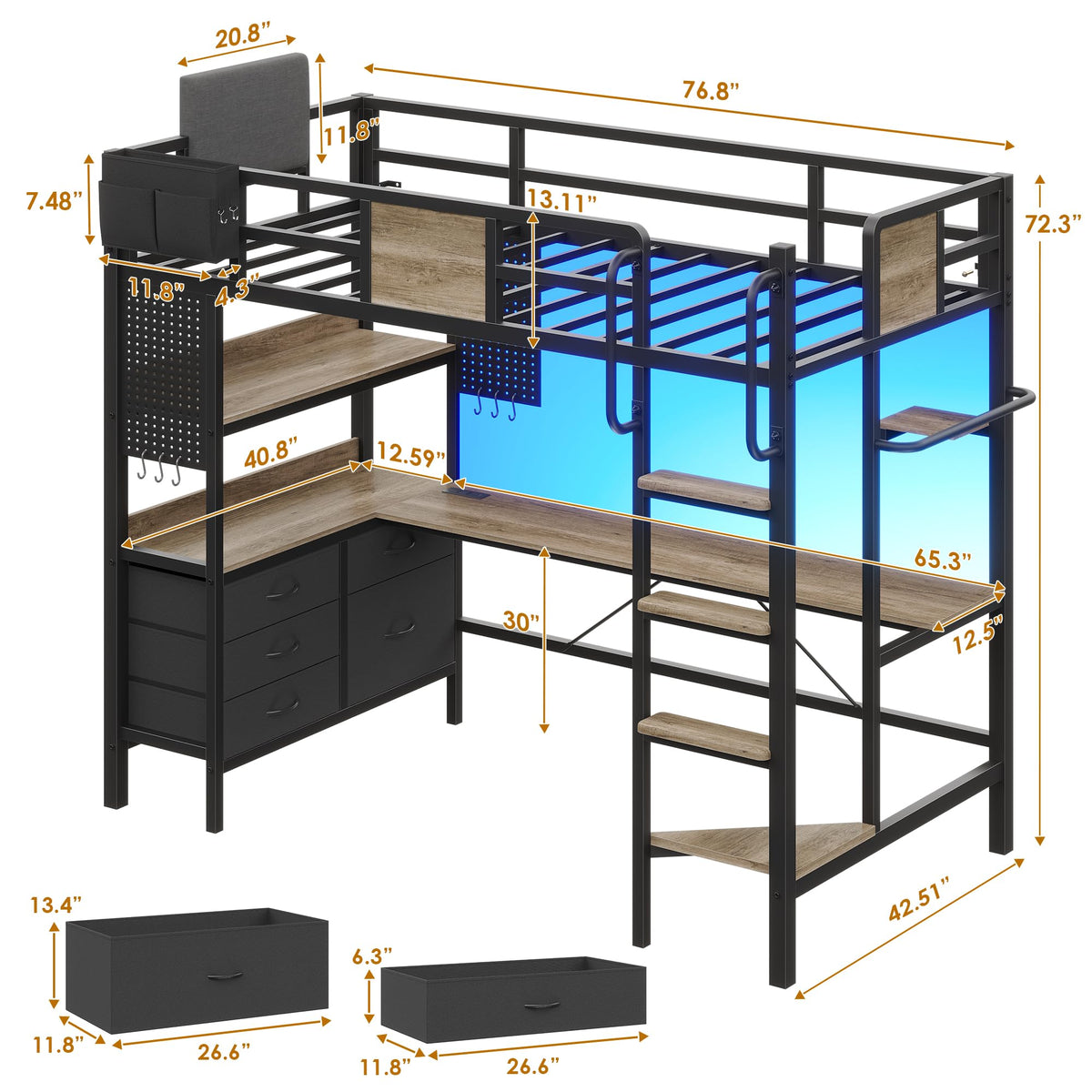 Twin Loft Bed with Desk and 5 Storage Drawers R916889