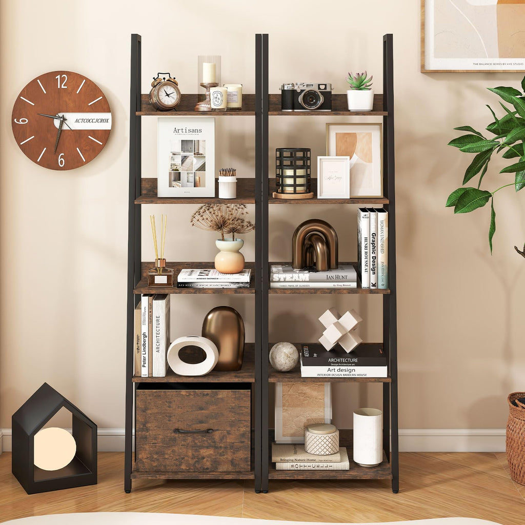 5-Tier Ladder Bookshelf with Fabric Drawer V564558