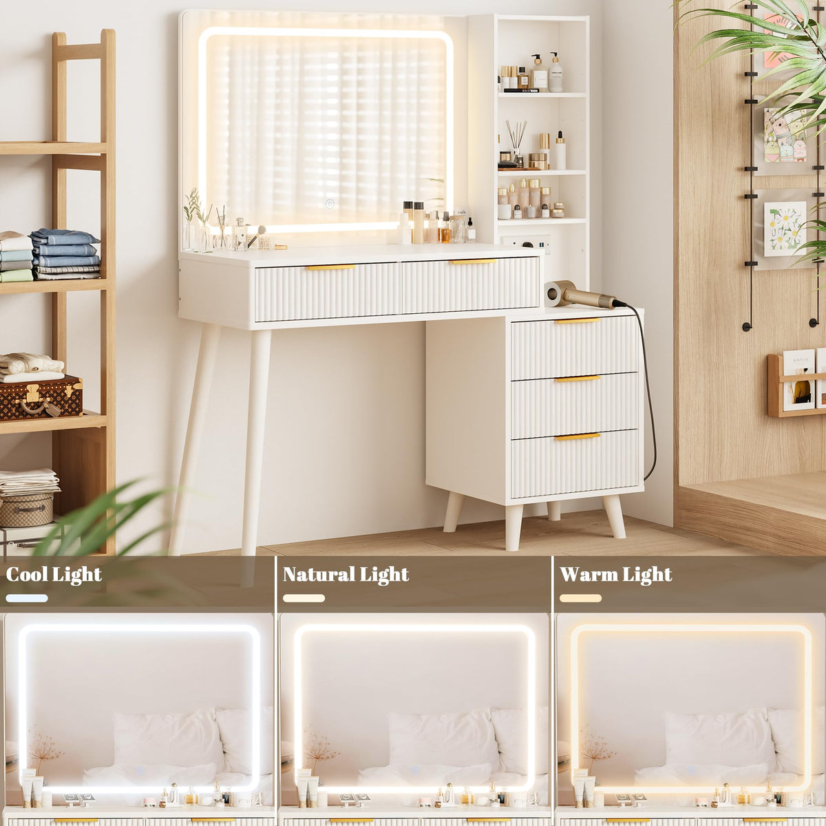 Vanity Desk with Mirror and Lights, 5 Drawers Storage Shelves, 3 Color Modes M1079