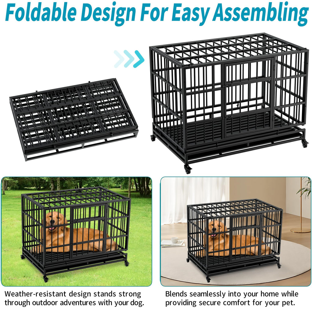 48 Inch Heavy Duty Collapsible Metal Dog Crate with Wheels Z27558
