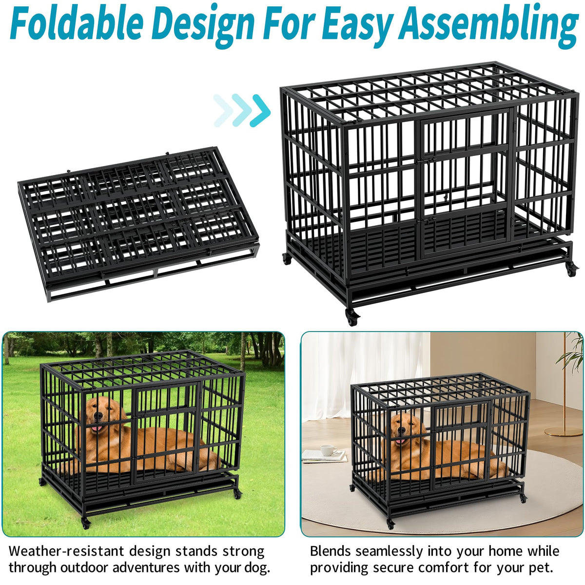 48 Inch Heavy Duty Collapsible Metal Dog Crate with Wheels Z27558