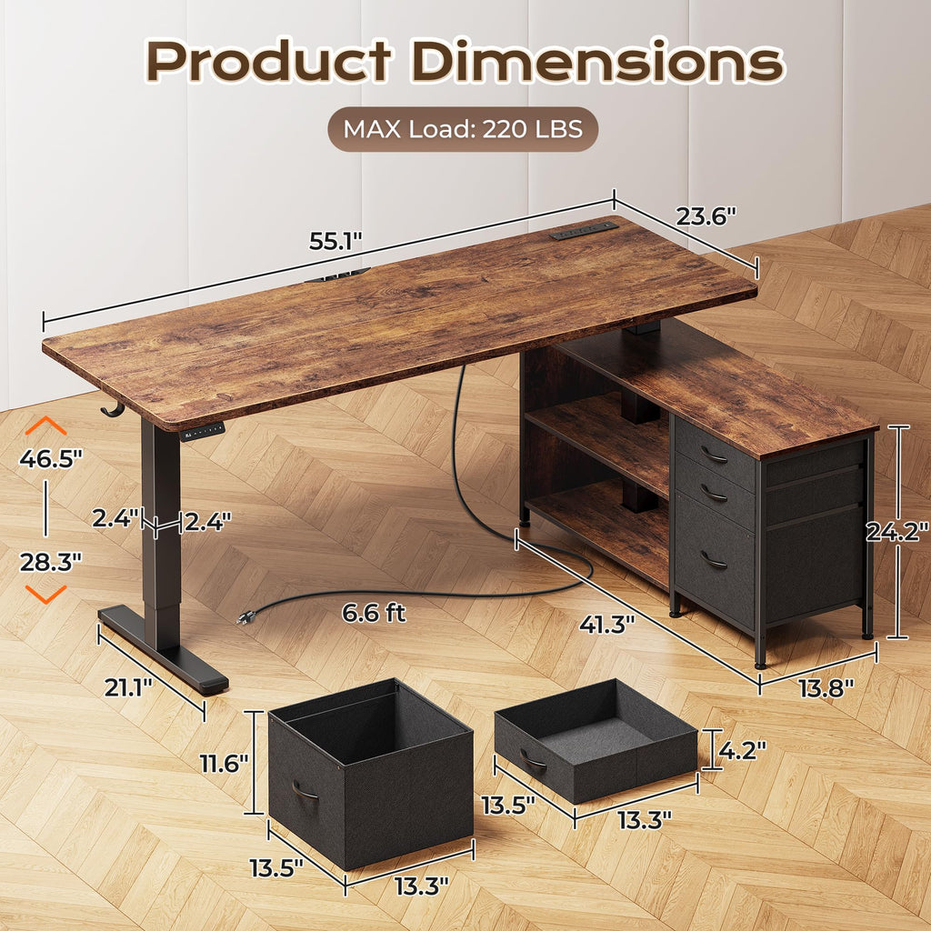 55.1'' L Standing Desk with Outlets, Cabinet, Shelves, Drawers Y960012