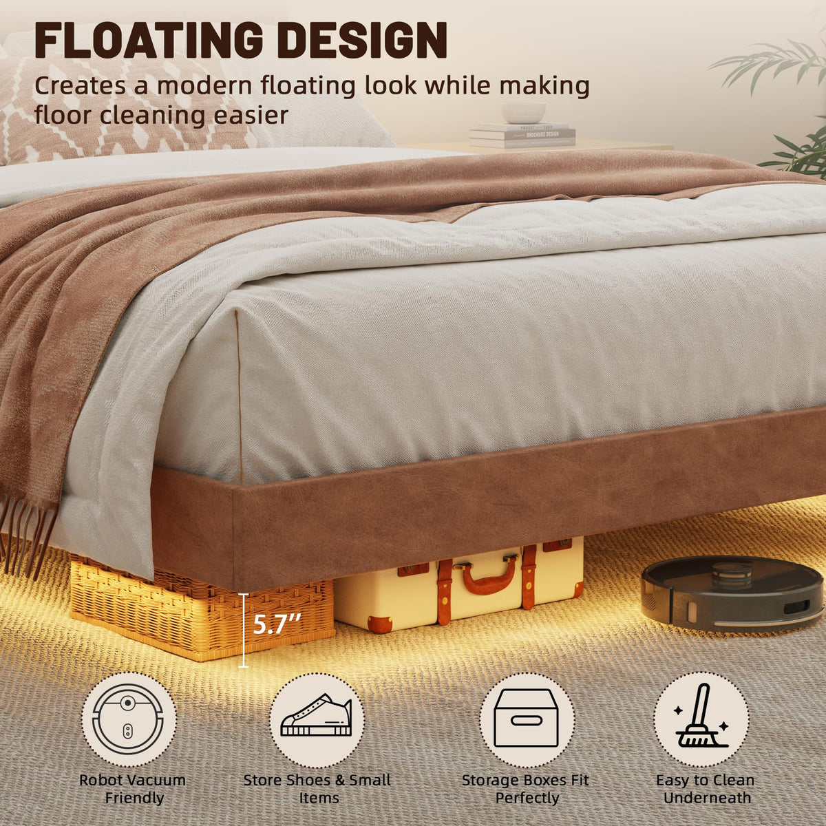 Queen Floating Bed Frame with LED Lights V368036