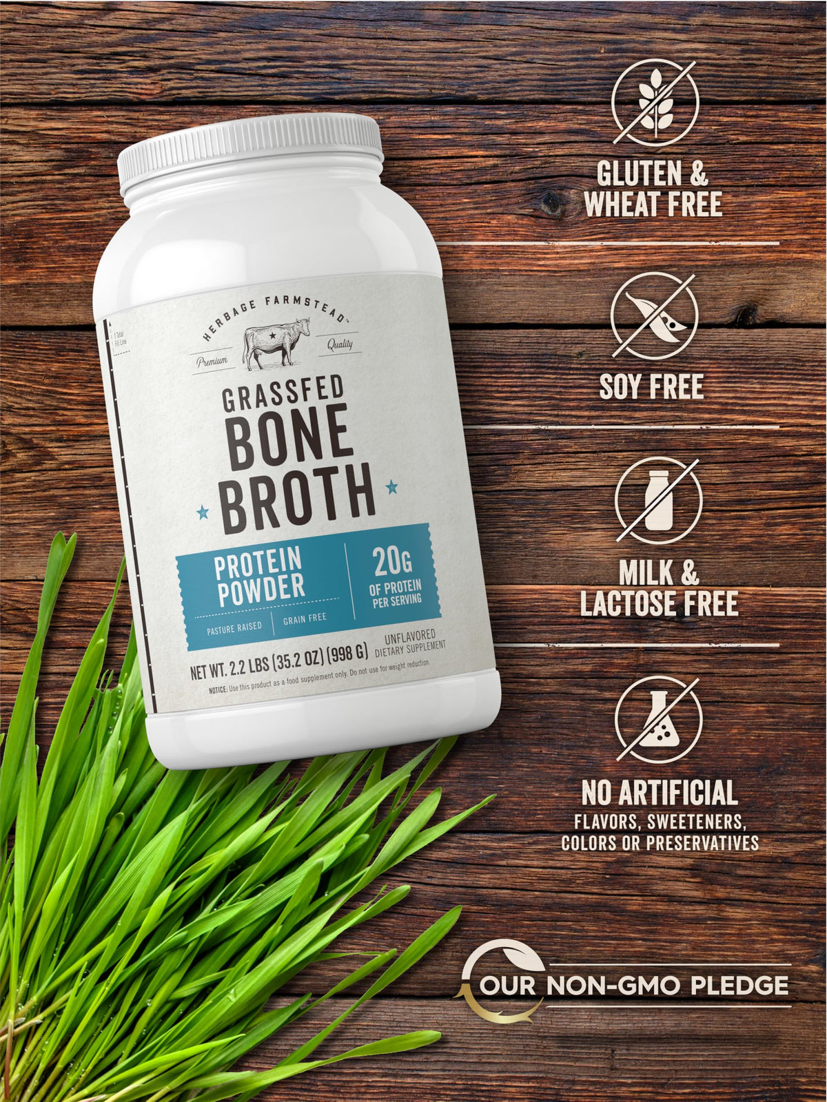Grass Fed Bone Broth Protein Powder 35.2 oz 20g Protein Non-GMO Gluten Free Y8811