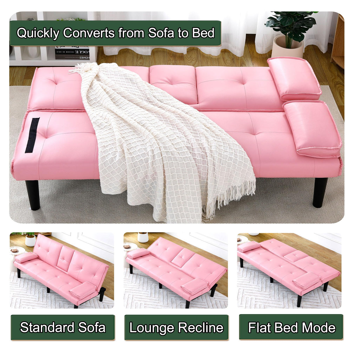 67" Convertible Sofa Bed with Cup Holders, Pink H218512