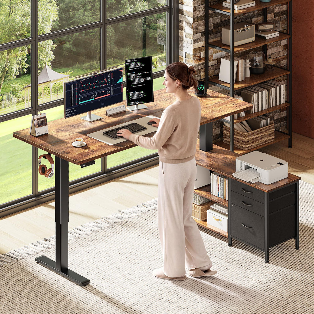 55.1'' L Standing Desk with Outlets, Cabinet, Shelves, Drawers Y960012