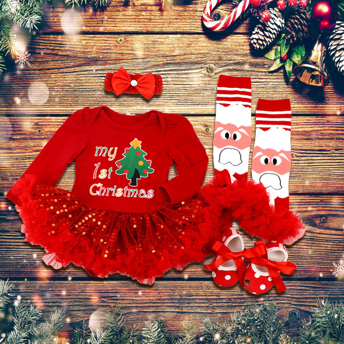 Baby Girls First Christmas Outfit Newborn Romper Tutu Dress with Shoes Headband Leg Warmer Q200169