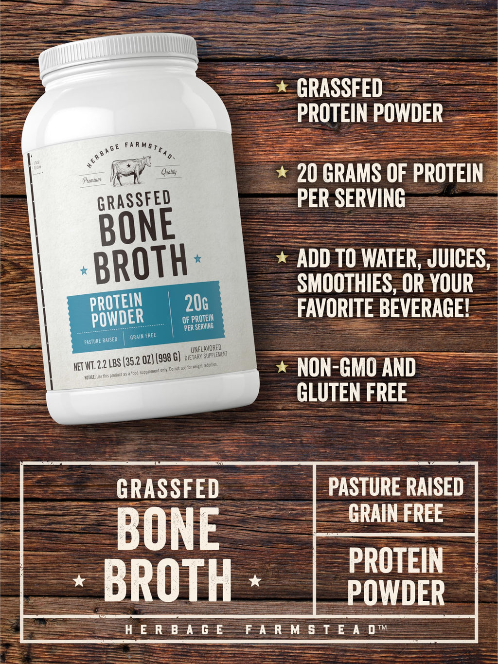 Grass Fed Bone Broth Protein Powder 35.2 oz 20g Protein Non-GMO Gluten Free Y8811