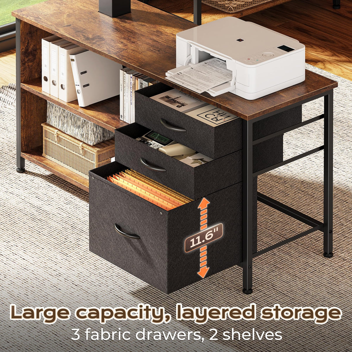 55.1'' L Standing Desk with Outlets, Cabinet, Shelves, Drawers Y960012